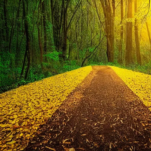 Prompt: Two roads diverged in a yellow wood,  And sorry I could not travel both  And be one traveler, long I stood  And looked down one as far as I could  To where it bent in the undergrowth, hyper realistic, 4k,