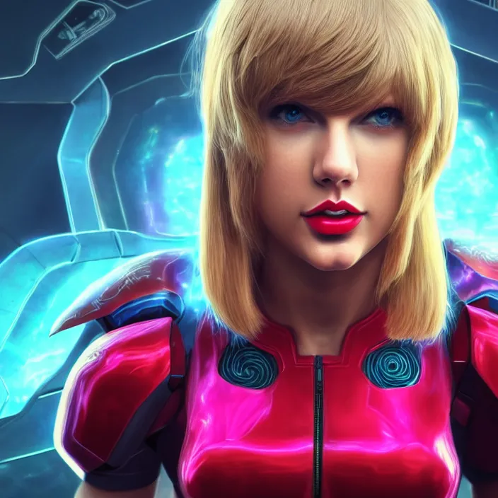 Image similar to portrait of Taylor Swift as SAMUS ARAN. HD, 4K. intricate abstract. intricate artwork. by Tooth Wu, wlop, beeple, dan mumford. octane render, trending on artstation, greg rutkowski very coherent symmetrical artwork. cinematic, hyper realism, high detail, octane render, 8k, iridescent accents. metroid