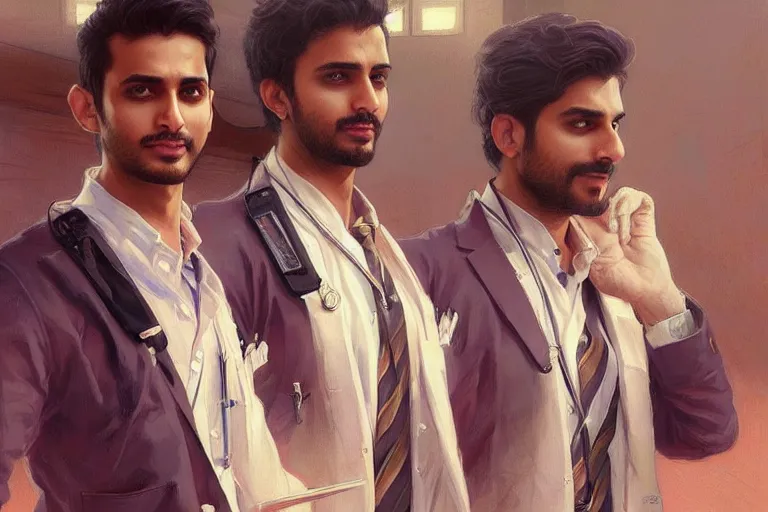 Image similar to Anxious good looking pale young Indian doctors wearing American clothes at the airport, portrait, elegant, intricate, digital painting, artstation, concept art, smooth, sharp focus, illustration, art by artgerm and greg rutkowski and alphonse mucha