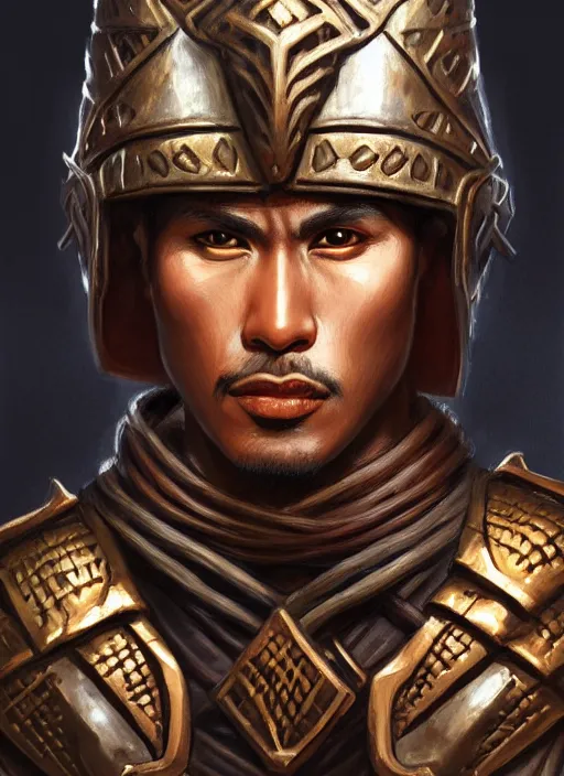Image similar to smart tai warlord, closeup portrait, historical, ethnic group, traditional tai costume, bronze headset, intricate, with leather armor cross onbare chest, elegant, loin cloth, highly detailed, oill painting, artstation, concept art, matte, sharp focus, illustration, hearthstone, art by earl norem