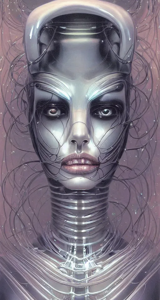 Image similar to a robotic goddess with transparent skin, robotic a fine wiring skeleton, highly detailed, digital painting, smooth, sharp, beautiful face, expressive eyes, highly intricate, art by Boris Vallejo and H.R. Giger