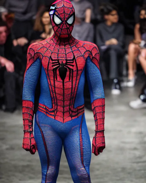 Image similar to hyperrealistic and heavy detailed 2321s Yeezy runway show of spiderman, Leica SL2 50mm, vivid color, high quality, high textured