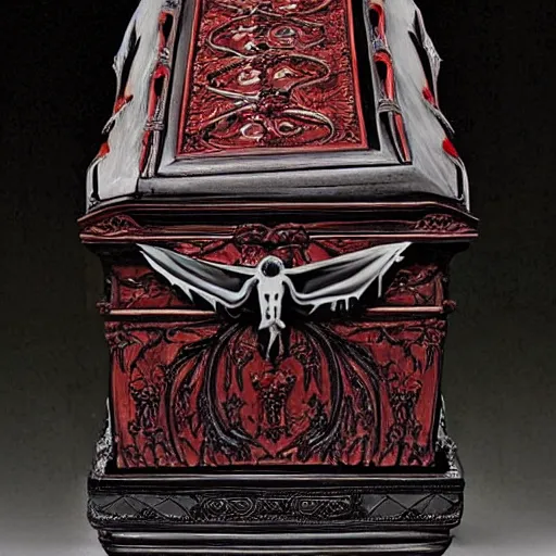 Image similar to open ornate coffin containing a vampire, gothic art style