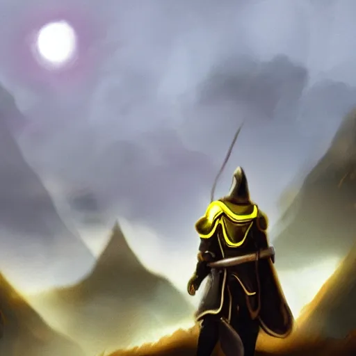 Prompt: A knight travelling through a desolate village as a sickly yellow light bleeds through the clouds,