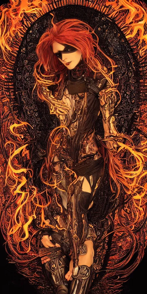 Image similar to a finely detailed beautiful!!! feminine cyberpunk ghost rider with skull face and long flowing hair made of fire and flames, dressed in black leather, by Alphonse Mucha, designed by H.R. Giger, legendary masterpiece, stunning!, saturated colors, black background, full body portrait, zoomed out to show entire image, trending on ArtStation