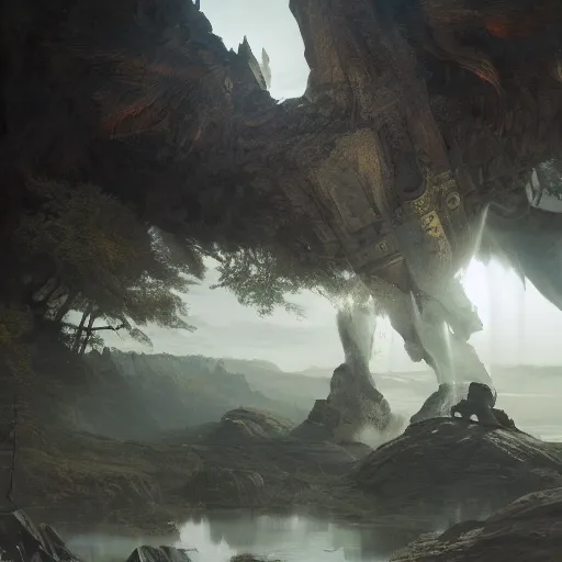 Image similar to enormous diety towering over the plains, volumetric lighting, 8 k octane beautifully detailed render, post - processing, extremely hyper - detailed, intricate, epic composition, cinematic lighting, masterpiece, trending on artstation, masterpiece, stunning art by anders zorn, wonderful masterpiece by greg rutkowski, beautiful cinematic