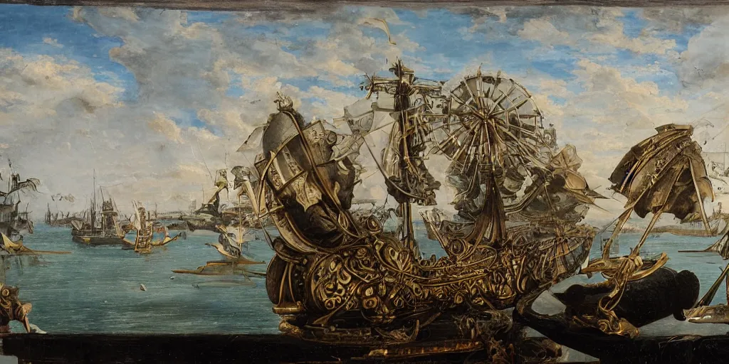 Prompt: portrait, oceanic naval battles, cannonballs, war, knight, huts, seagulls, rivers, famine, death, wide angle, puffy clouds, skies behind, stars in sky, italian masterpiece, Ashford Black Marble, sculpture, baroque, draped with water and spines, marble and gold, drapes, white details, still life vegetables, Obsidian, portrait, worms, render, artstation, ultra detailed