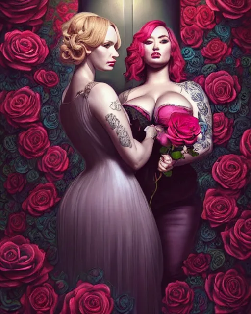 Image similar to perfectly - centered!! looking at the camera!!! full body portrait of christina hendricks and demi lovato with roses, baroque style, roses, intricate abstract upper body intricate artwork, by tooth wu, wlop, beeple, dan mumford. concept art, octane render, deviantart, greg rutkowski, cinematic arthouse, key art, hyper realism, iridescent accents