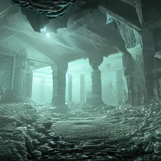 Prompt: deep underground cthulhu dungeon cave with large lovecraft style structures, light falling through cracks in the ceiling, cinematic, hdr, 4k, hyper realistic, render, cold light, high detail