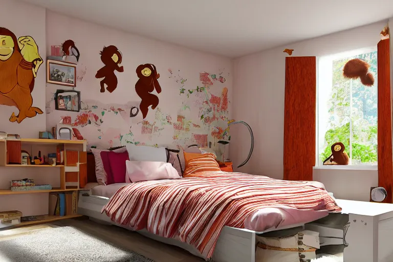 Image similar to lofi girl bedroom, lofi girl is an orangutan