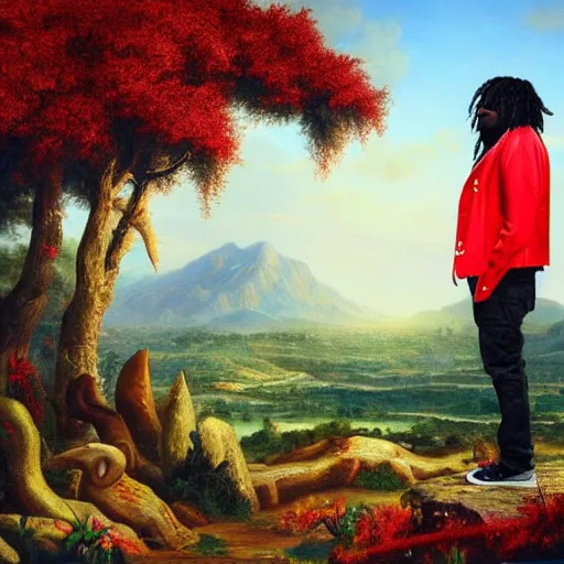 Image similar to the rapper chief keef wearing a red jacket and standing in the garden of eden, cinematic, landscape painting, beautiful