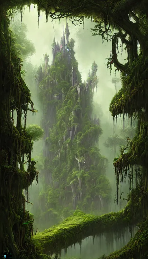 Image similar to fairy palace, castle towers, gnarly trees, lush vegetation, forest landscape, painted by tom bagshaw, raphael lacoste, eddie mendoza, alex ross concept art matte painting