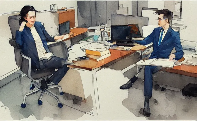 Image similar to concept art of a modern office life, pinterest, artstation trending, behance, watercolor, by coby whitmore *, silver, laser light *,