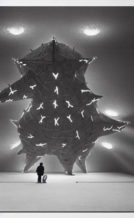 Image similar to light coming out of one starfish - like kaiju anthropomorphic monster, korean film noir by kim jong - il, korean traditional palace, pyongyang city, 1 9 6 0 s, red color bleed, 4 k, video compression, video glitch, monochrome, akira kurosawa, mamoru oshii, wes anderson, stanley kubrick