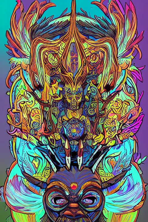 Image similar to animal mask totem roots flower tribal feather gemstone plant wood rock shaman vodoo video game vector cutout illustration vivid multicolor borderlands comics by josan gonzales and dan mumford radiating a glowing aura