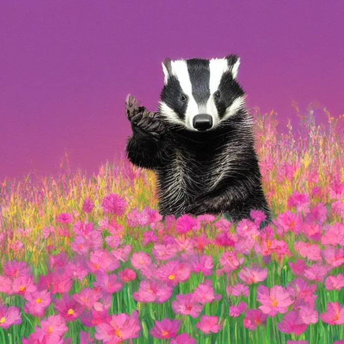 Prompt: album art of a badger sitting in a flower meadow at pink sunset, sakura trees