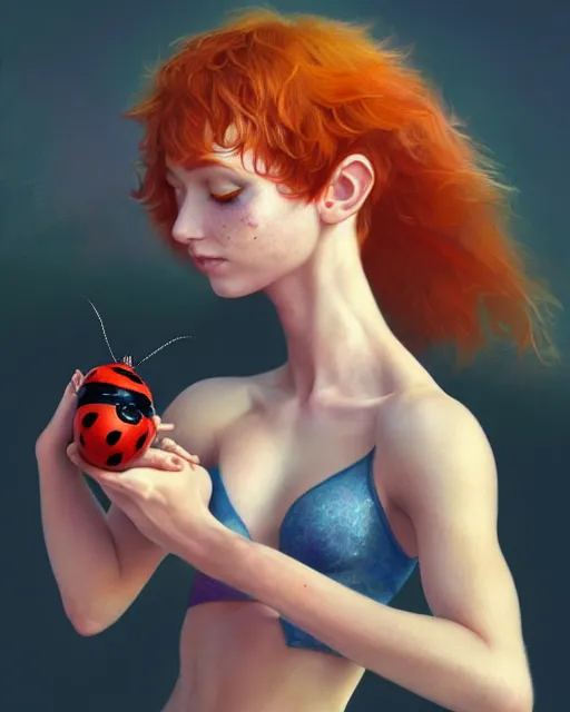 Image similar to cute female pixie holding pet ladybug, perfect face, thin wings, pink halter top, ginger hair, abs, cinematic, freckles, stunning, athletic, strong, agile, highly detailed, psychedelic, digital painting, artstation, smooth, hard focus, illustration, art by jessica rossier and and brian froud