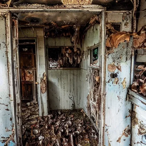 Image similar to a creepy, dilapidated house filled with mushrooms and the decaying bodies of warriors