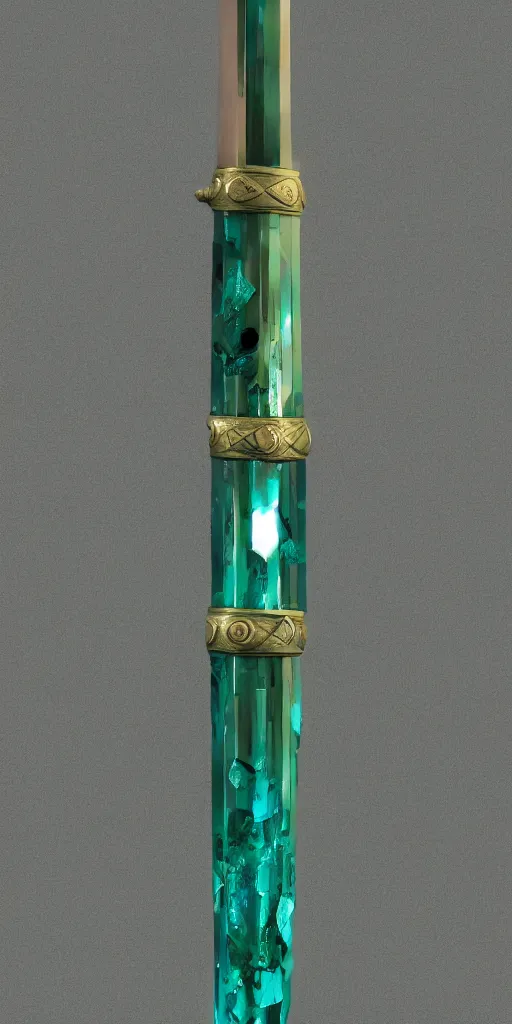 Image similar to photograph of a wide green and teal crystal sword with a big gold sword hilt