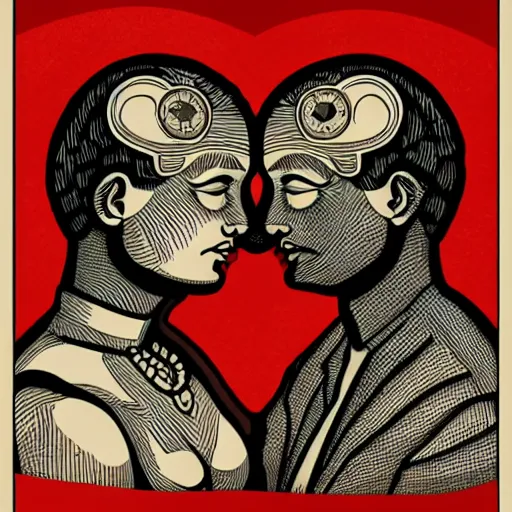 Image similar to perfectly centered symmetrical split male and female portrait of man and woman in love sharing one heart. illustration, highly detailed, simple, no jagged lines, smooth, artstation, wacom artwork by ravi zupa