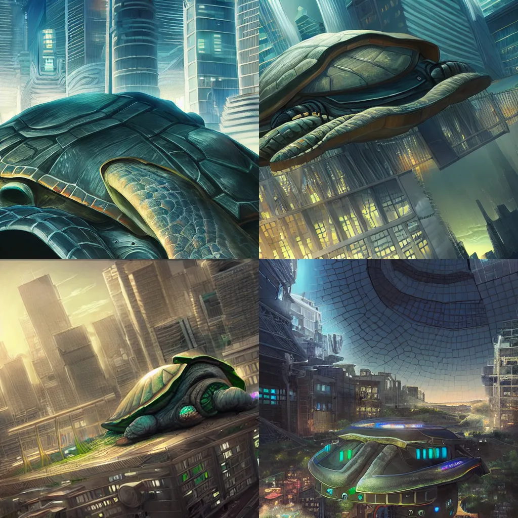 Prompt: realistic digital art of a city on the back of a giant turtle, futuristic, artstation, anime, super detailed!