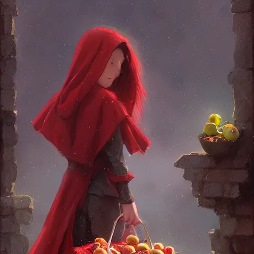 Image similar to a girl with a red cloak holding a basket full of apples, by Jordan Grimmer and greg rutkowski, crisp lines and color,