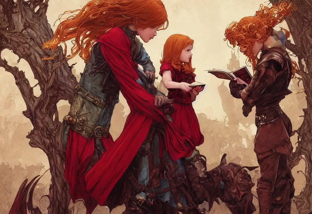 Image similar to an epic fantasy comic book style painting of a young red headed girl with a book in one arm meeting a young boy thief with blonde wearing plain brown leather thief clothes, d & d, fantasy, intricate, elegant, highly detailed, digital painting, artstation, concept art, matte, sharp focus, illustration, art by artgerm and greg rutkowski and alphonse mucha