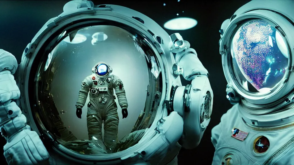 Image similar to a cybernetic symbiosis of a single astronaut eva suit with diamond 3d fractal lace iridescent bubble 3d skin covered with insectoid compound eye camera lenses floats through the living room, film still from the movie directed by Denis Villeneuve with art direction by Salvador Dalí, wide lens,