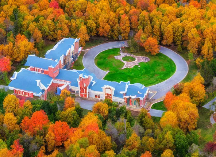 Image similar to low drone shot of a Disney style ranch style School campus in the middle of the Woods during autumn