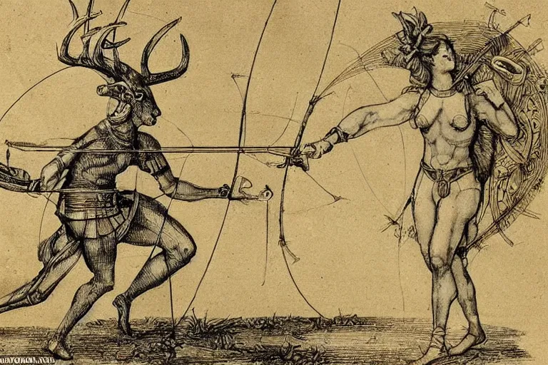 Image similar to Vintage, detailed, sketch of the goddess artemis aiming a bow at a cyborg deer. Art style of Leonardo da Vinci