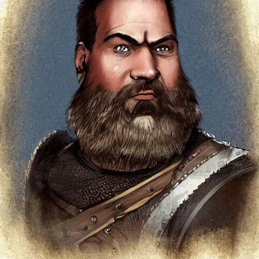 Prompt: 5 0 years old man, tall, stocky : : brown hair, sympathetic, stubble beard : : decorated medieval clothing : : high detail, digital art, rpg, concept art, illustration