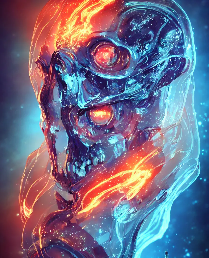 Image similar to close-up macro portrait of the face of a beautiful princess rotten skull in a spaceman suit, epic angle and pose, symmetrical artwork, 3d with depth of field, blurred background, cybernetic jellyfish female face skull phoenix bird, translucent, nautilus, energy flows of water and fire. a highly detailed epic cinematic concept art CG render. made in Maya, Blender and Photoshop, octane render, excellent composition, cinematic dystopian brutalist atmosphere, dynamic dramatic cinematic lighting, aesthetic, very inspirational, arthouse. y Greg Rutkowski, Ilya Kuvshinov, WLOP, Stanley Artgerm Lau, Ruan Jia and Fenghua Zhong