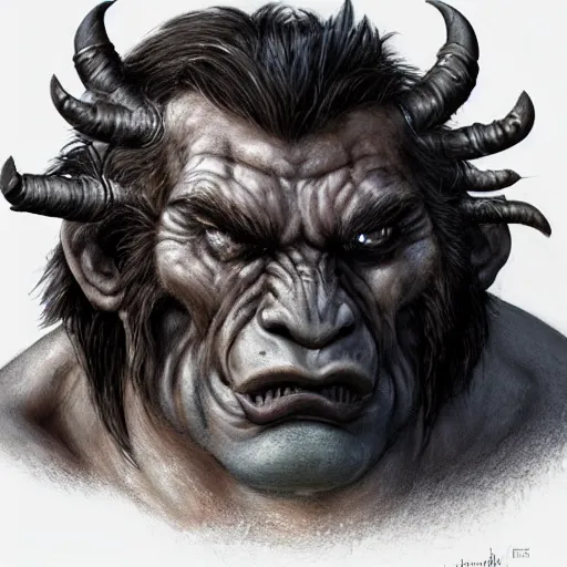 Image similar to portrait of a young ruggedly handsome hulking herculean orc bugbear demon barbarian, male, masculine, upper body, night black hair, fantasy, frown, war face paint, intricate, elegant, highly detailed, digital painting, artstation, concept art, matte, sharp focus, illustration, art by artgerm and greg rutkowski and alphonse mucha