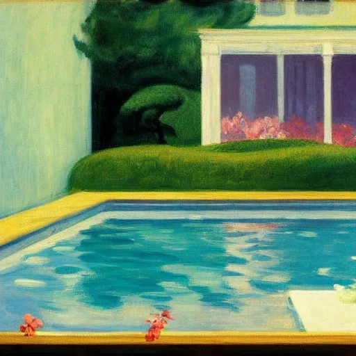 Image similar to a swimming pool in the middle of flowers by Edward Hopper