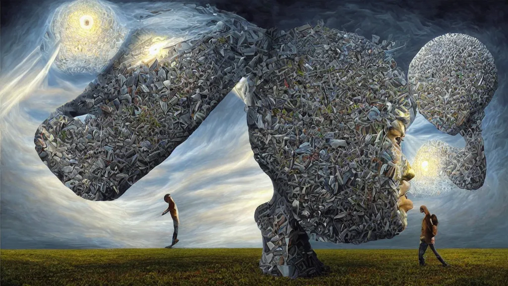 Prompt: birth of a psion surrealist art in the styles of igor morski, jim warren, and rob gonsalves, intricate, hyperrealistic, volumetric lighting