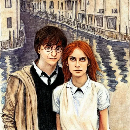 Prompt: Harry Potter Ron and Hermione in Venice, drawn by Mikhail Vrubel, hyper realistic face, symmetrical face, beautiful eyes,