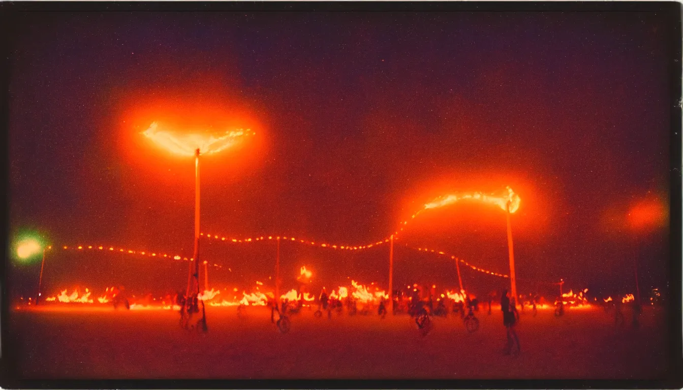 Image similar to colorful instant photograph of burning man at night, polaroid, light leak, raw, nostalgic