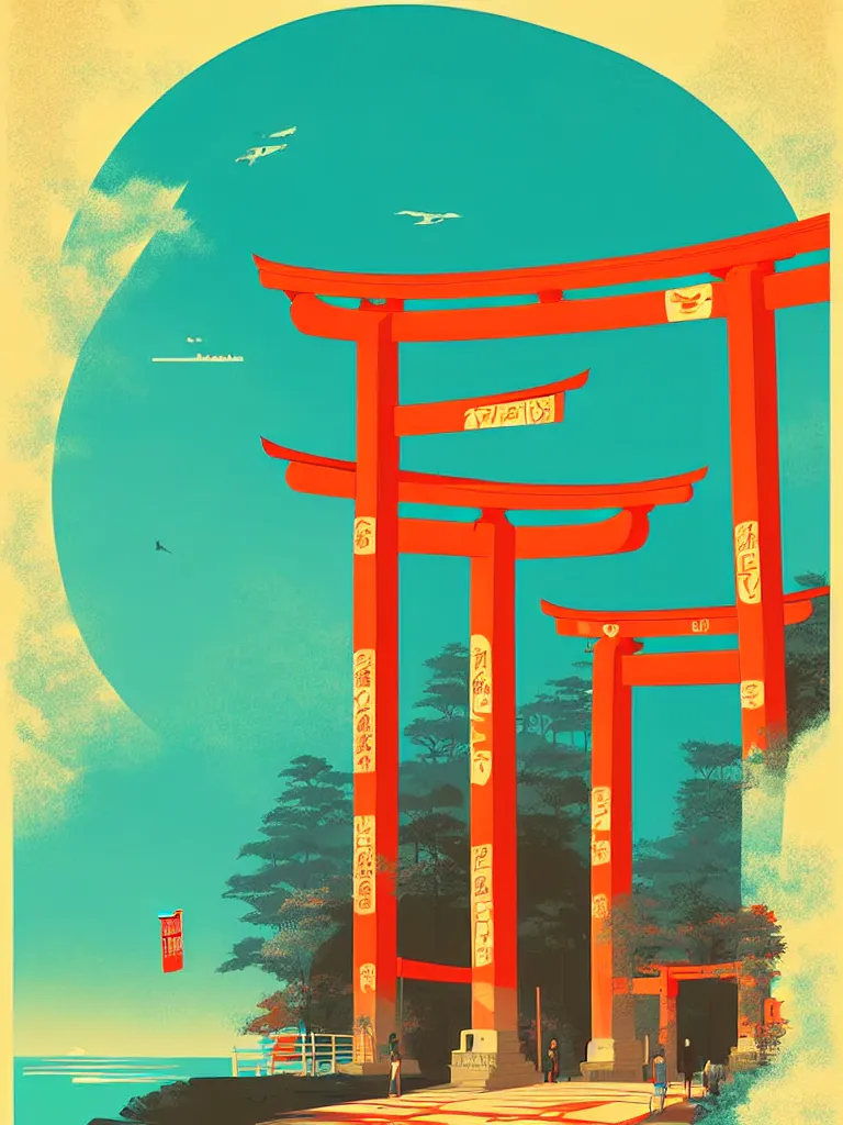 Image similar to a travel poster illustration depicting a japanese torii gate, vintage style, detailed illustration, digital painting, vector art, trending on artstration, by anton fadeev, by alena aenami