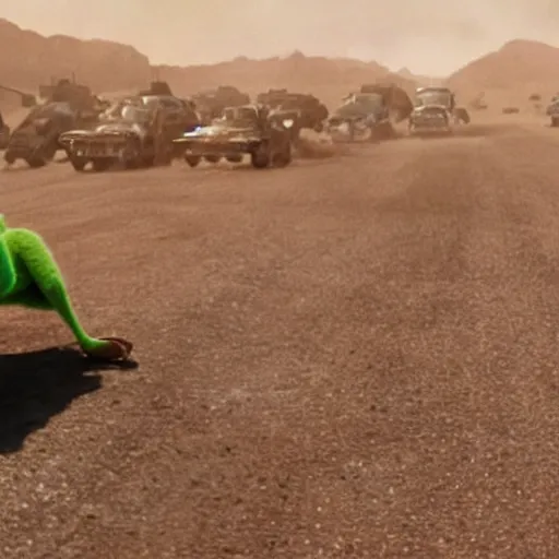Prompt: kermit the frog in mad max