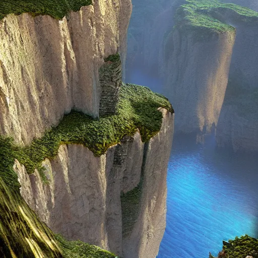 Prompt: suspended cliffs on a sunny day by Ted Nasmith and Thomas Kinkade, matte painting, #vfxfriday, cryengine, trending on Artstation