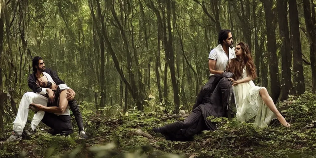 Prompt: kareena kapoor and arjun rampal making love in a forest, natural lighting, hyper detailed, photographic, cinematic lighting, studio quality.