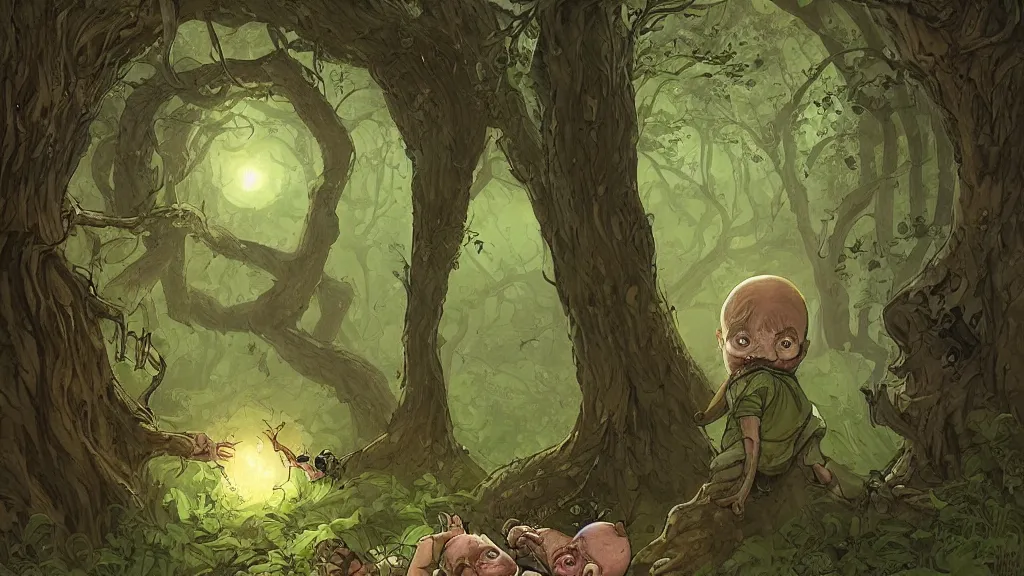 Image similar to once upon a time, there was a kid walking in a forest path, beautiful ancient trees, hiding large treasure chest, serene evening atmosphere, soft lens, soft light, by asaf hanuka, by karol bak, by tony diterlizzi, colored pencil, fine art, scary creature coming out of his mouth, green slime dripping, dark fantasy