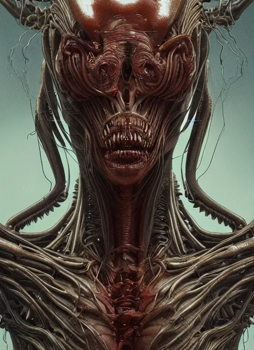 Prompt: an organic anatomical portrait of sigourney weaver blended with a xenomorphic alien queen, biomechanical, twisting organic tendrils, haze, highly detailed, hyper real, futuristic, volumetric interior lighting, artstation, unreal engine render 8 k greg rutkowski, hr giger