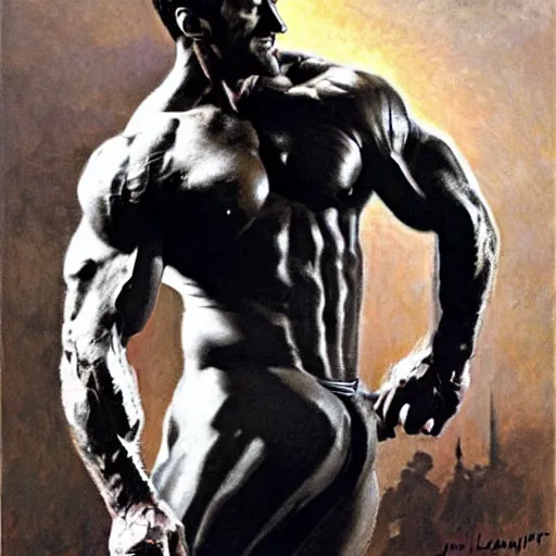 Image similar to muscular hugh jackman performs on broadway, painting by gaston bussiere, craig mullins, j. c. leyendecker, tom of finland