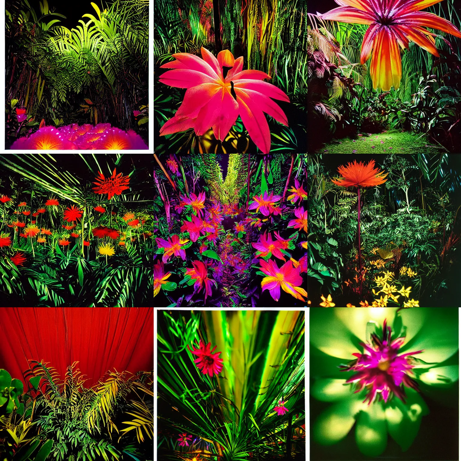 Prompt: shining colorful exotic flower in the dark night jungle, by trent parke, surreal