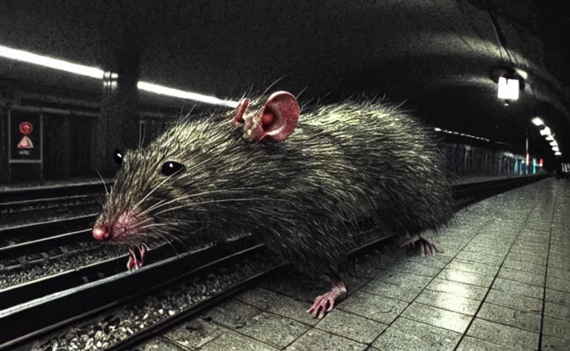 Image similar to very large giant mutant zombie irradiated ( angry rat ) staying on railways in tonnel of moscow subway. tonnel, railways, giant angry rat, furr, fangs, claws, very realistic. fog, extreme long shot, herman nitsch, giger.