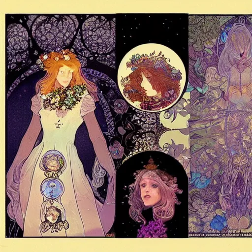 Image similar to Alice in Wonderland,Diamonds Blaze,Rose twining,out of time and space,dreamy, eternity, romantic,highly detailed,in the style of Alphonse Maria Mucha, highly detailed,night lighting