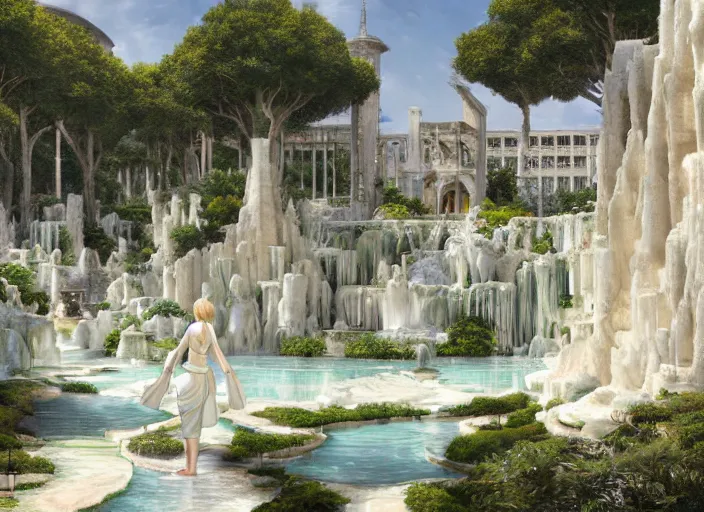 Image similar to A wide open courtyard in a beautiful elven city made of ivory, anime, lush trees, fountain, at Pamukkale, thermal waters flowing down white travertine terraces, intricate, elegant, luxurious, digital painting, concept art, smooth, sharp focus, from Star Trek 2021, illustration, by WLOP and Ruan Jia and Mandy Jurgens and William-Adolphe Bouguereau, Artgerm