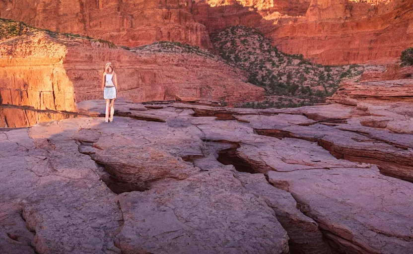 Prompt: Professional Photograph of a Model posing on a Catwalk inside the Grand Canyon. Sunset lighting, Shadows and Reflections