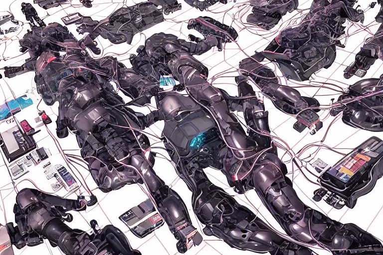 Image similar to a cyberpunk illustration of a group of coherent female androids in style of masamune shirow, lying on an empty, white floor with their bodies broken scattered rotated in different poses and cables and wires coming out, by yukito kishiro and katsuhiro otomo, hyper-detailed, intricate